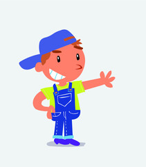  Pleased cartoon character of little boy on jeans points to something.