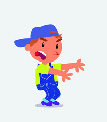 Very angry cartoon character of little boy on jeans pointing at something at side.