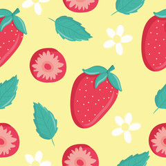 Seamless pattern with strawberries, juicy summer print, bright pattern, summer berries, flower and leaves, cute cartoon illustration, elements for creating designs, bed linen, curtains, tablecloths