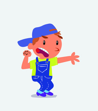  Very angry cartoon character of little boy on jeans pointing at something.