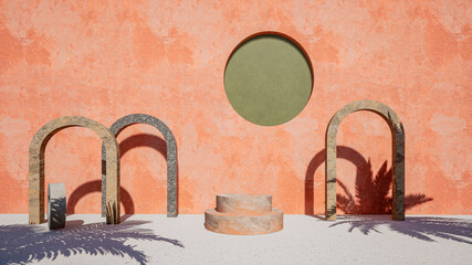 3d mock up scene with product podium and stone arcs. Earthy colors and tropical leaves shadows.