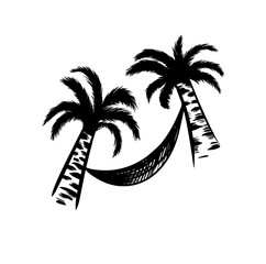 Tropical palm trees and hammock icon logo in hand drawn style. Beach icon