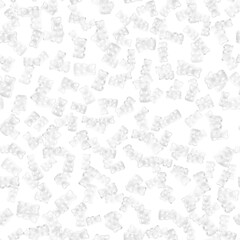 Seamless pattern of white and translucent gummy bears on a white background