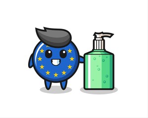 cute europe flag badge cartoon with hand sanitizer