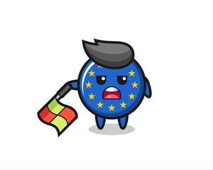 europe flag badge character as line judge hold the flag down at a 45 degree angle