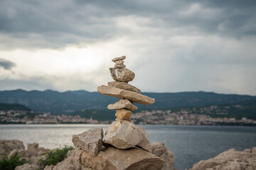 Stone tower and  and the view of Crikvenica, Croatia