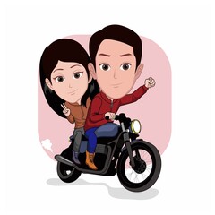 cartoon caricature of a couple riding a classic custom motorcycle - obrazy, fototapety, plakaty