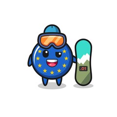 Illustration of europe flag badge character with snowboarding style