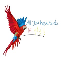Macaw illustration with Low polygon isolated with motivation  quotes. Modern geometric design.