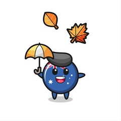 cartoon of the cute australia flag badge holding an umbrella in autumn
