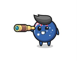 cute australia flag badge character is holding an old telescope