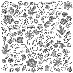 Big set of icons on the theme of Christmas and New Year. Set of icons with Christmas balls, garlands, hearts, skis, Santa, snowflakes, stars, hat, mittens, sweets and candies, gifts, Christmas tree.