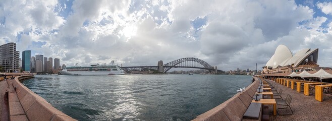 Panoramic view of Sydney Harbour with Harbor Bridge, Opera House and Cruise Terminal