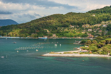 Palmaria Island (Isola di Palmaria) seen from Porto Venere or Portovenere town, UNESCO world heritage site, Gulf of La Spezia, Liguria, Italy, Europe.