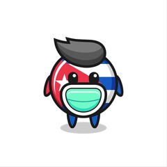 cute cuba flag badge cartoon wearing a mask