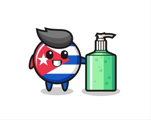 cute cuba flag badge cartoon with hand sanitizer