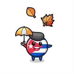 cartoon of the cute cuba flag badge holding an umbrella in autumn