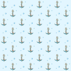 Collection of watercolor  seamless pattern - underwater world. Anchor and bubbles on blue background