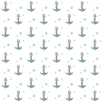Collection of watercolor  seamless pattern - underwater world. Anchor and bubbles on white background