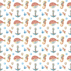 Collection of watercolor  seamless pattern - underwater world. Seashells, starfish, sea Horse, anchor on a white background