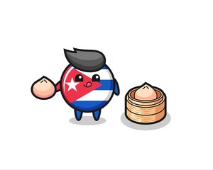 cute cuba flag badge character eating steamed buns