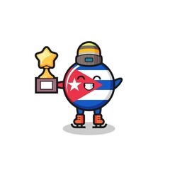 cuba flag badge cartoon as an ice skating player hold winner trophy