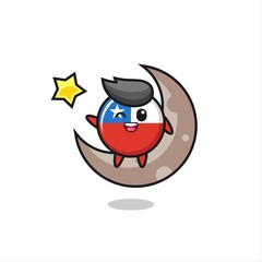 illustration of chile flag badge cartoon sitting on the half moon