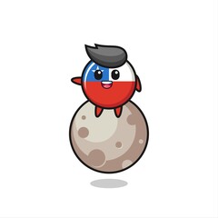 illustration of chile flag badge cartoon sitting on the moon