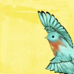 Light blue bird flying isoled  on a pastel yellow background