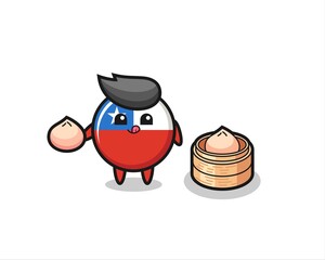 cute chile flag badge character eating steamed buns
