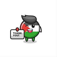 Obraz premium the mascot of the palestine flag badge holding a banner that says thank you