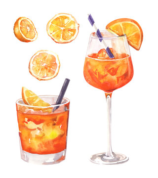 Watercolor hand painted Spritz cocktail glass with orange fruit simple sketch illustration on white background