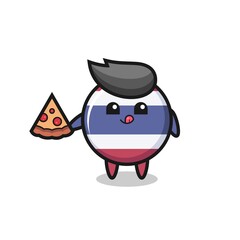 cute thailand flag badge cartoon eating pizza