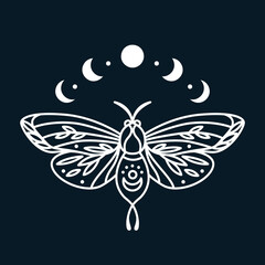 Magic butterfly with moon phases graphic print. Line art print with moth insect in boho style. Minimalistic black and white print with night bug and moons. Ideal for clothing, tattoo, card, poster