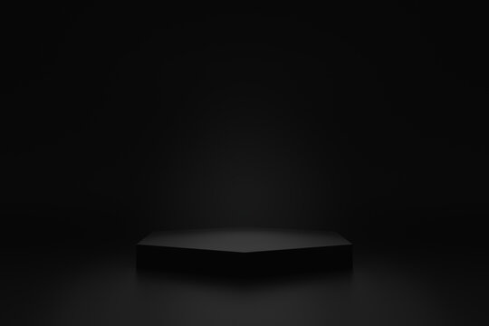 Simple blank luxury black gradient background with product display platform. Empty studio with hexagon podium pedestal on a black backdrop. 3D rendering