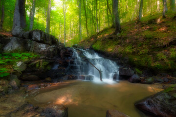 Waterfall deep in the forest. The beauty of green plants in summer time. 