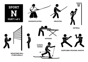 Sport games alphabet N vector icons pictogram. Naginatajutsu, ninjutsu, netball, novuss, newcomb ball, throwball, nordic skiing, and northern praying mantis.