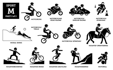 Sport games alphabet M vector icons pictogram. Motocross, motorcycling road racing, sidecar, gymkhana, mogul skiing, motorcycle trials, speedway, mounted orienteering, moutainboarding, and motoball. - obrazy, fototapety, plakaty