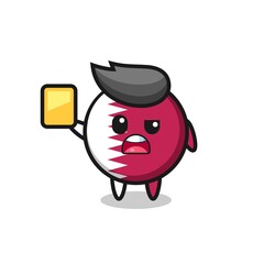 Obraz premium cartoon qatar flag badge character as a football referee giving a yellow card