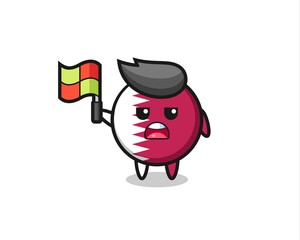 Fototapeta premium qatar flag badge character as line judge putting the flag up