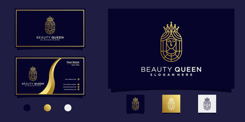 Queen beauty logo with gold gradient modern line art style and business card design Premium vektor