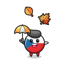 cartoon of the cute czech republic flag badge holding an umbrella in autumn