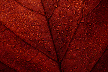 Macro photo of red fall leaf with raindrops. Autumn leaves texture background. Seasonal botanical detail wallpaper. Abstract foliage art banner.