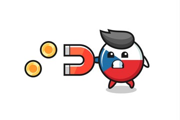 the character of czech republic flag badge hold a magnet to catch the gold coins