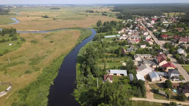 Top view of the town  of Suraż on the Narew River.Landscape of the meandering Narew River in its valley,where the Narew National Park begins.