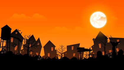Tuinposter Halloween 2021. City panorama in halloween style. Scary halloween isolated background. Orange and yellow background. Vector illustration. © SlowMotionSky