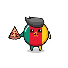 cute cameroon flag badge cartoon eating pizza