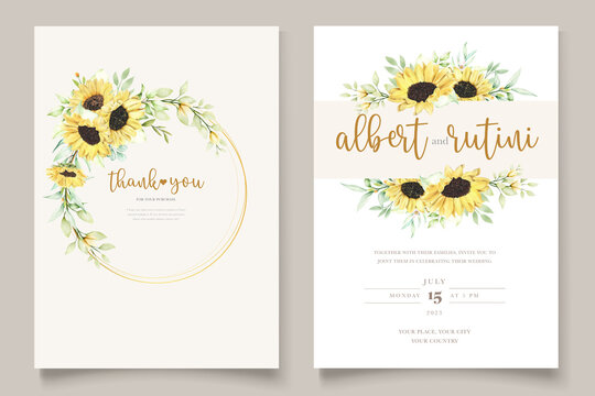 wedding card with hand drawn watercolor sunflower