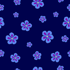 Seamless pattern of violet geranium flowers on dark blue background, vector eps 10