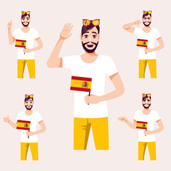 A beautiful man with Spanish flag. A set of fan emotions. Vector illustration on cartoon style